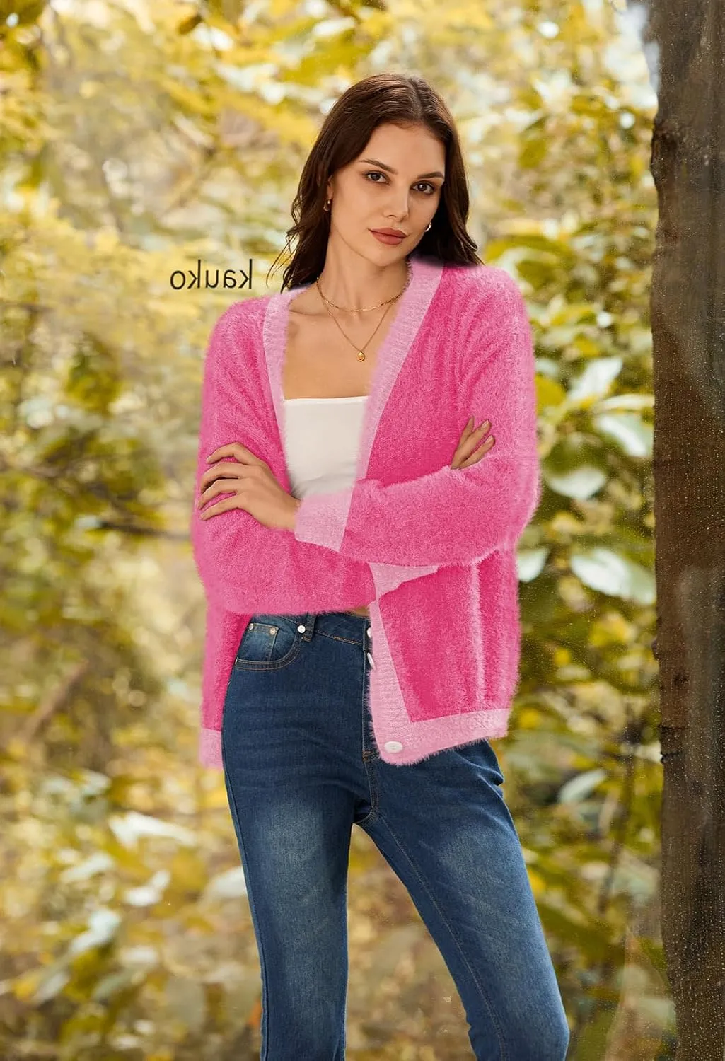 Pink Queen Women's Furry Cropped Cardigan Color Block Batwing Sleeves Open Front V-Neck Button Down Knit Sweater Coat