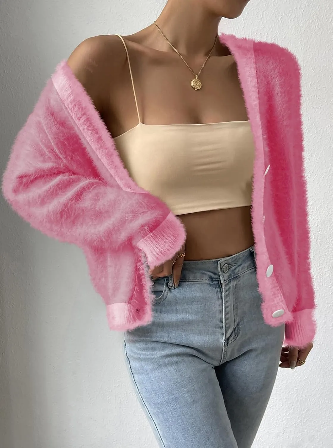 Pink Queen Women's Furry Cropped Cardigan Color Block Batwing Sleeves Open Front V-Neck Button Down Knit Sweater Coat