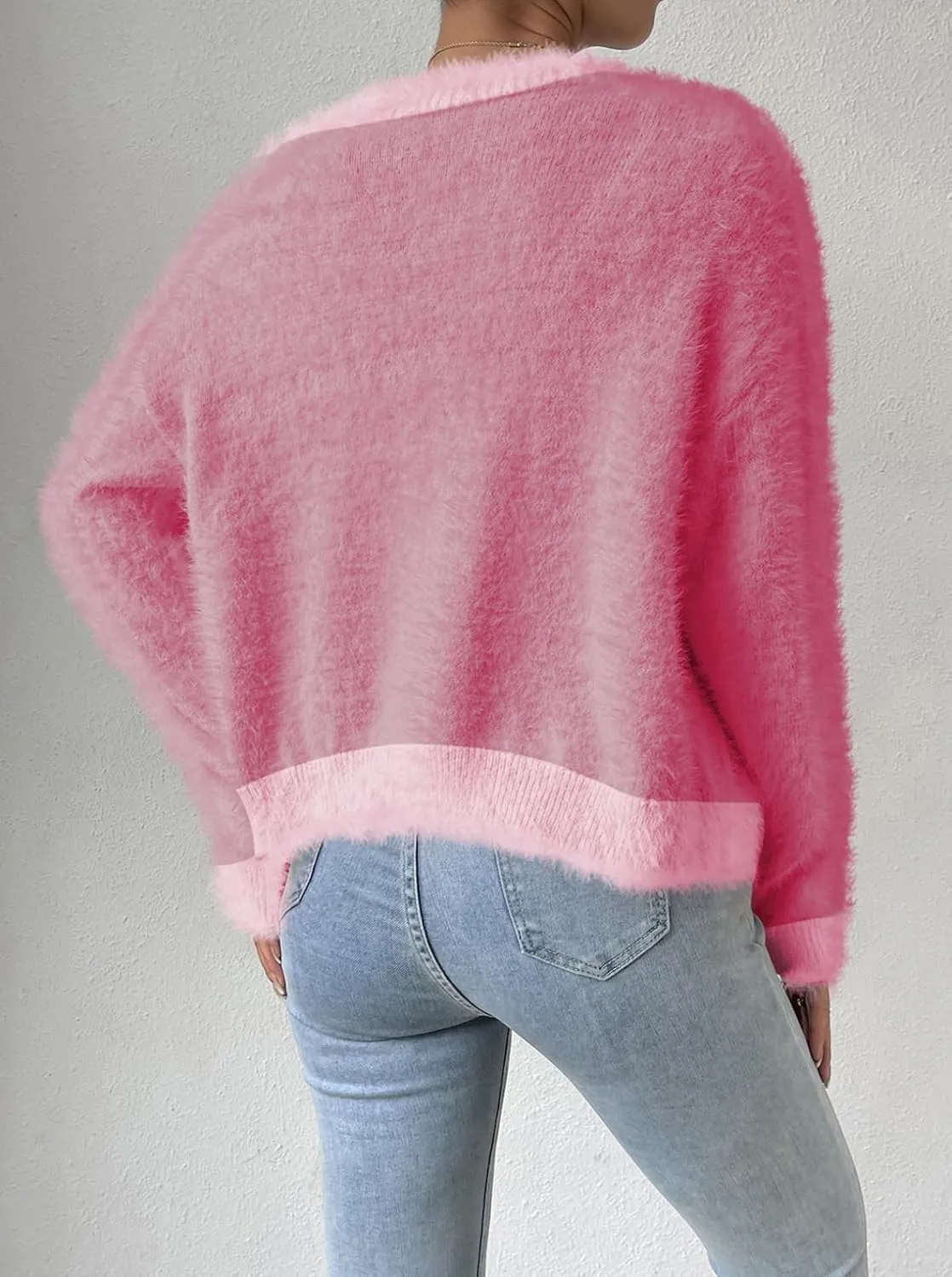 Pink Queen Women's Furry Cropped Cardigan Color Block Batwing Sleeves Open Front V-Neck Button Down Knit Sweater Coat