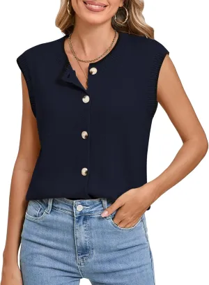 Pink Queen Women's Sweater Vest 2025 Sleeveless Tank Tops Casual Crewneck Button Down Fashion Knitted Vest Cardigans