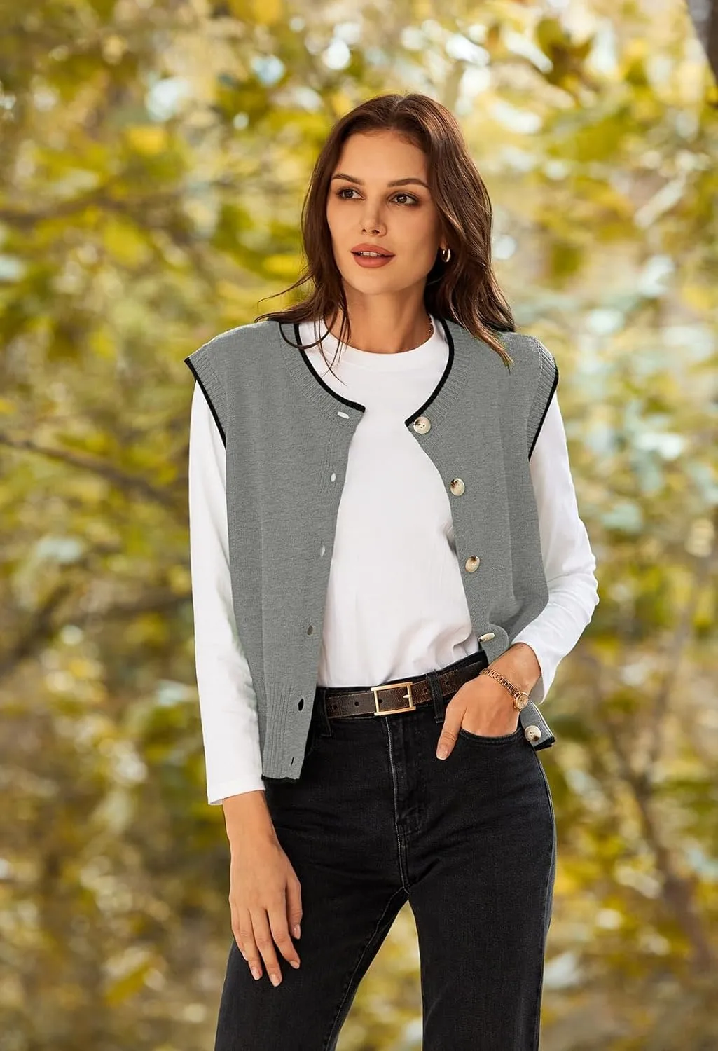 Pink Queen Women's Sweater Vest 2025 Sleeveless Tank Tops Casual Crewneck Button Down Fashion Knitted Vest Cardigans