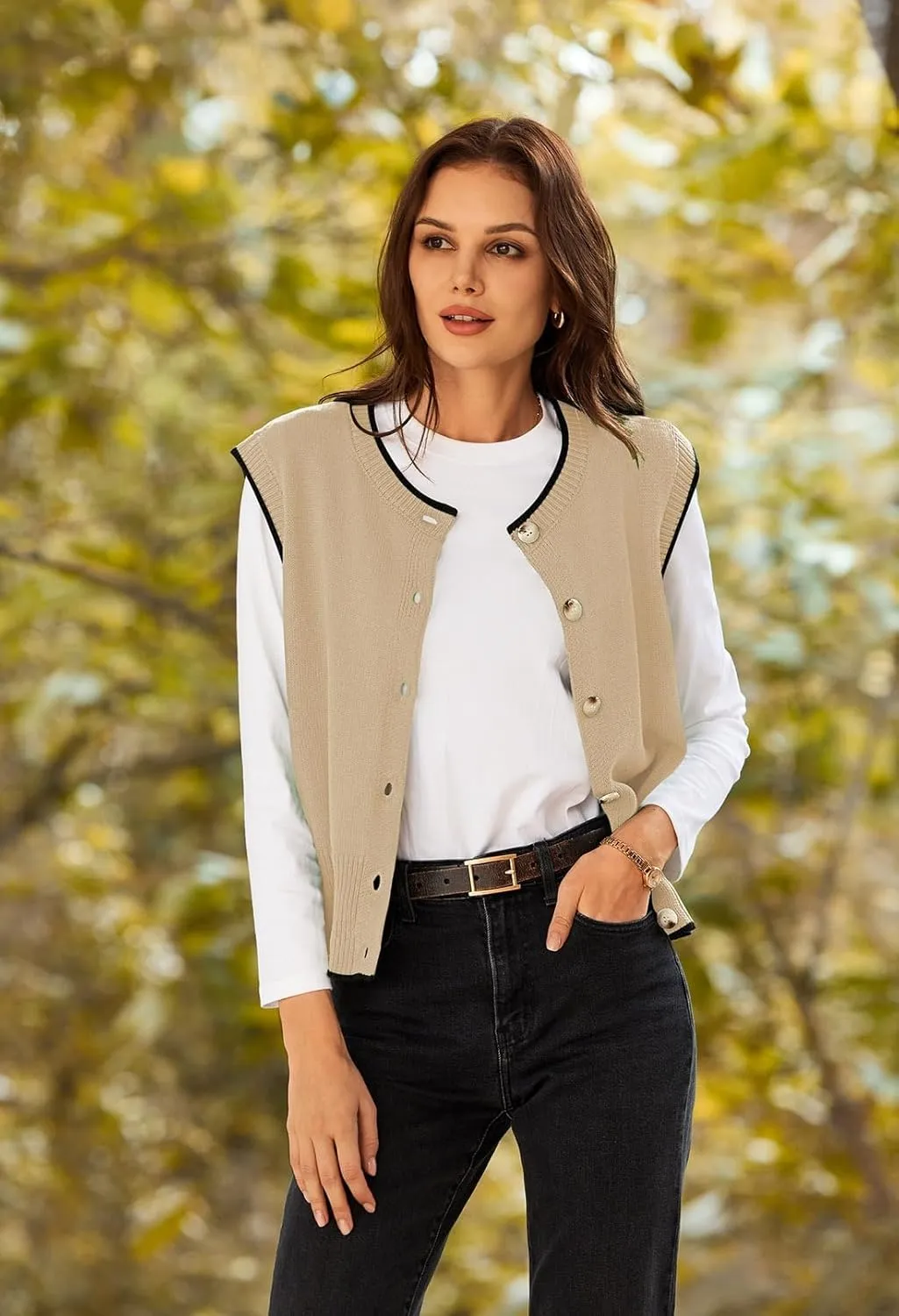 Pink Queen Women's Sweater Vest 2025 Sleeveless Tank Tops Casual Crewneck Button Down Fashion Knitted Vest Cardigans