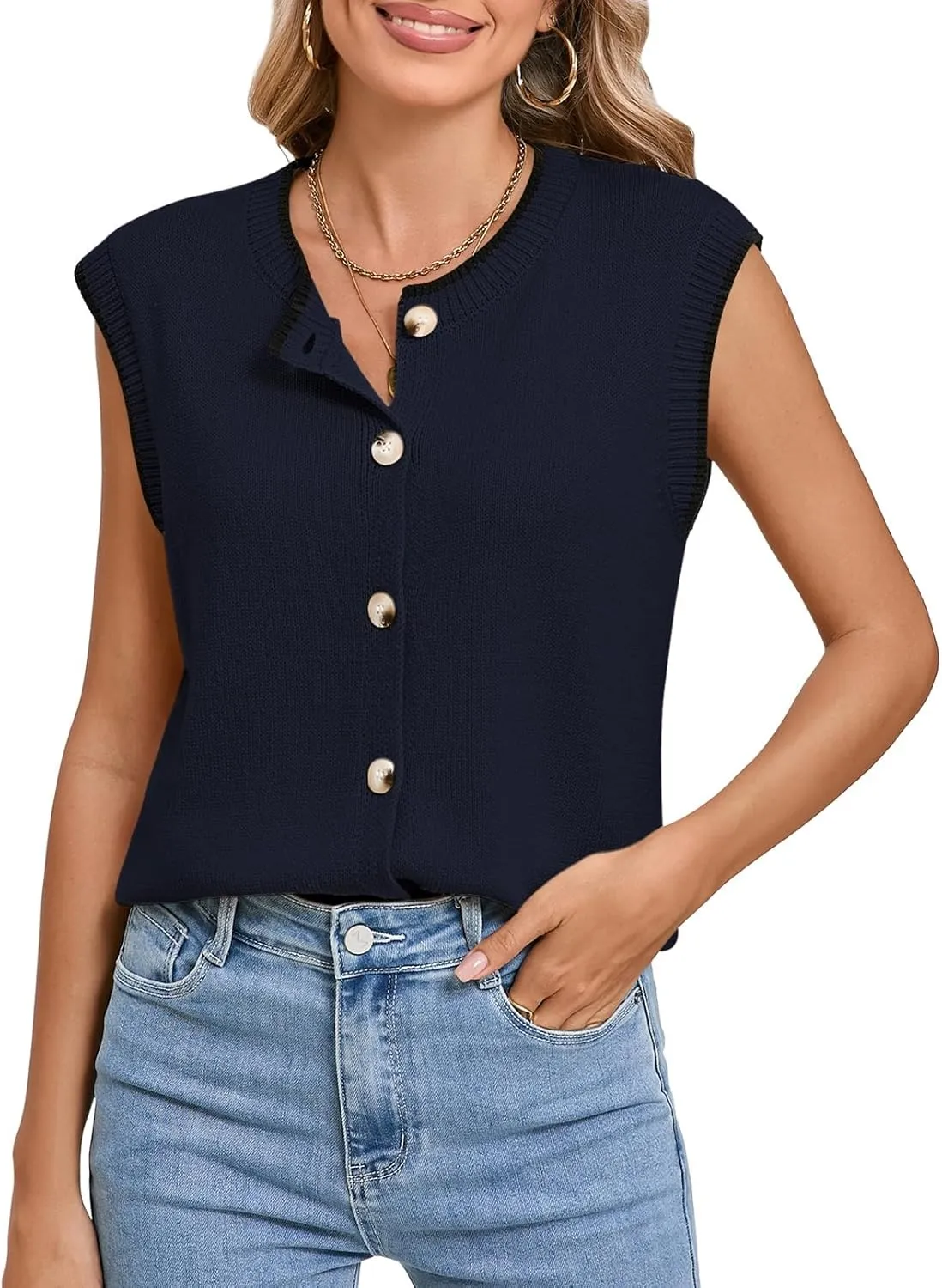 Pink Queen Women's Sweater Vest 2025 Sleeveless Tank Tops Casual Crewneck Button Down Fashion Knitted Vest Cardigans