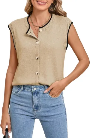 Pink Queen Women's Sweater Vest 2025 Sleeveless Tank Tops Casual Crewneck Button Down Fashion Knitted Vest Cardigans