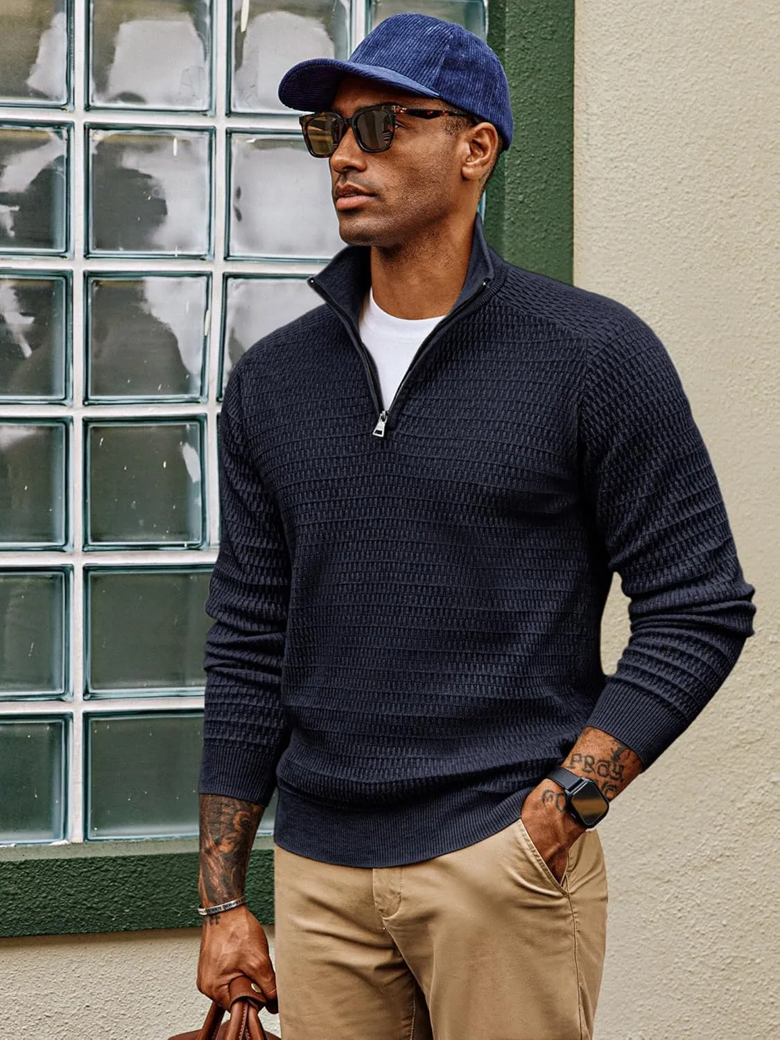 PJ PAUL JONES Men's Quarter Zip Sweaters Slim Fit Long Sleeve Casual Pullover Sweater Knit Textured Mock Neck Polo Sweaters