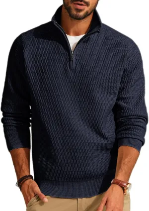 PJ PAUL JONES Men's Quarter Zip Sweaters Slim Fit Long Sleeve Casual Pullover Sweater Knit Textured Mock Neck Polo Sweaters