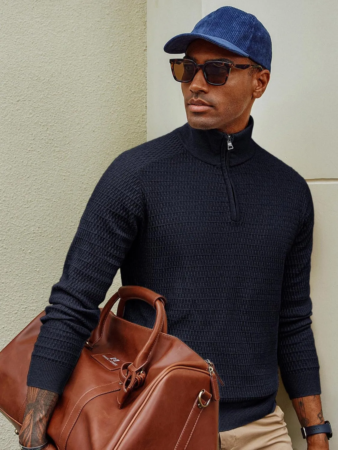 PJ PAUL JONES Men's Quarter Zip Sweaters Slim Fit Long Sleeve Casual Pullover Sweater Knit Textured Mock Neck Polo Sweaters