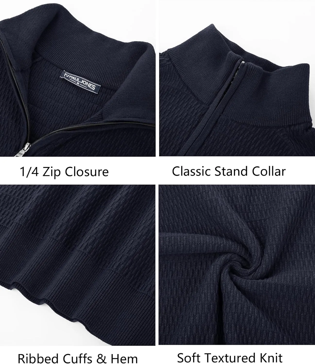 PJ PAUL JONES Men's Quarter Zip Sweaters Slim Fit Long Sleeve Casual Pullover Sweater Knit Textured Mock Neck Polo Sweaters