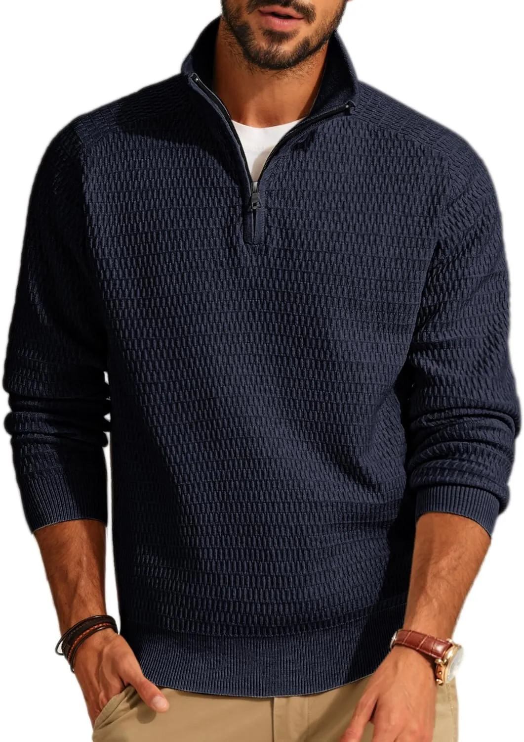 PJ PAUL JONES Men's Quarter Zip Sweaters Slim Fit Long Sleeve Casual Pullover Sweater Knit Textured Mock Neck Polo Sweaters