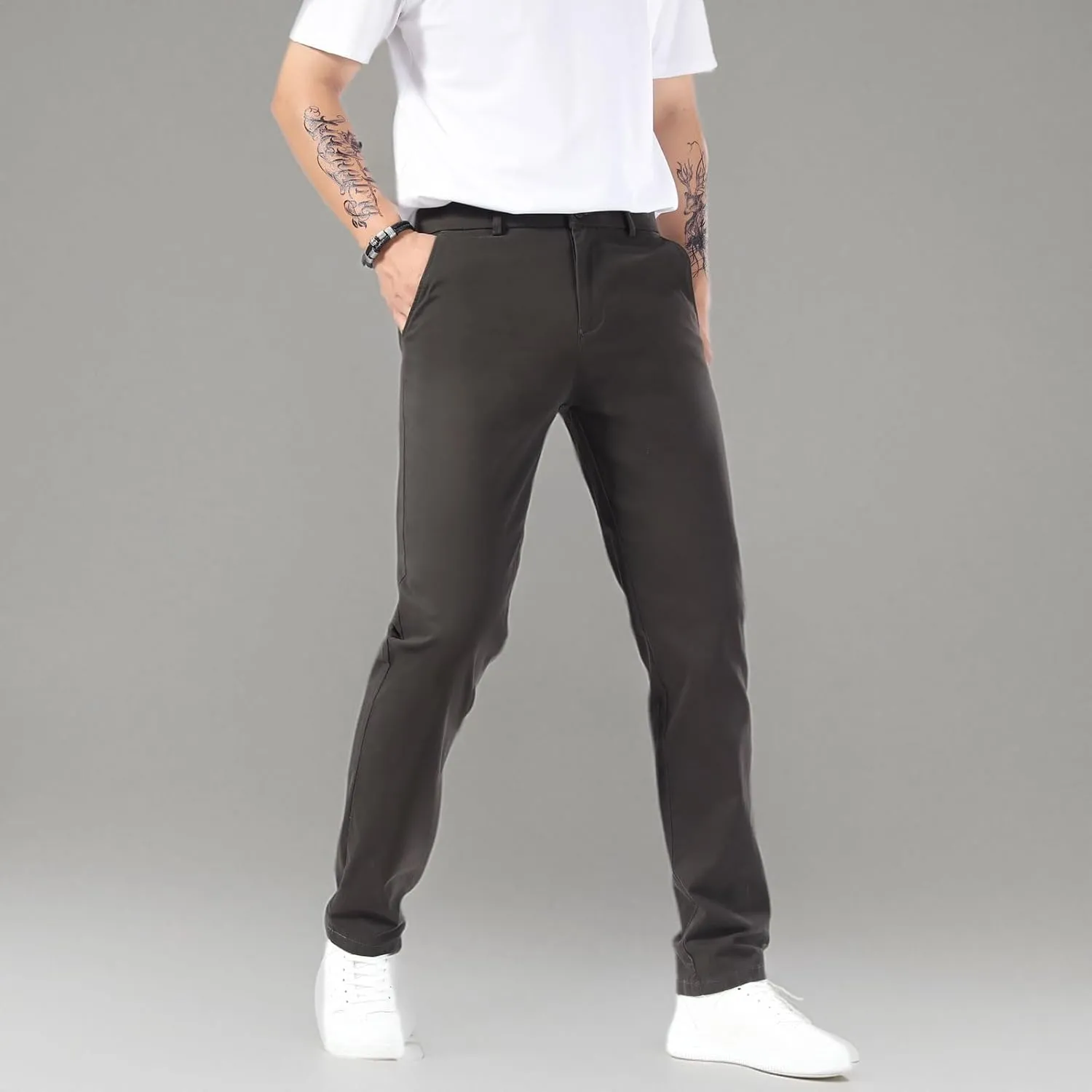 Plaid&Plain Mens Slim Fit Khaki Pants Mens Tapered Chino Pants