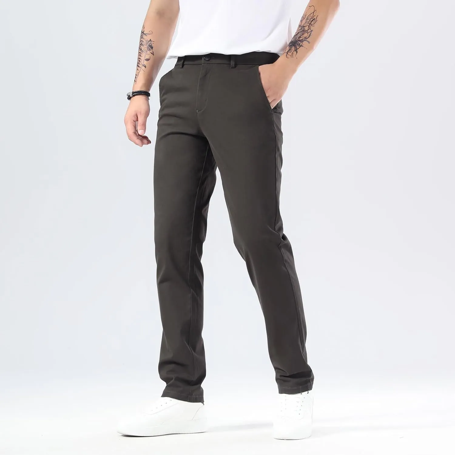 Plaid&Plain Mens Slim Fit Khaki Pants Mens Tapered Chino Pants