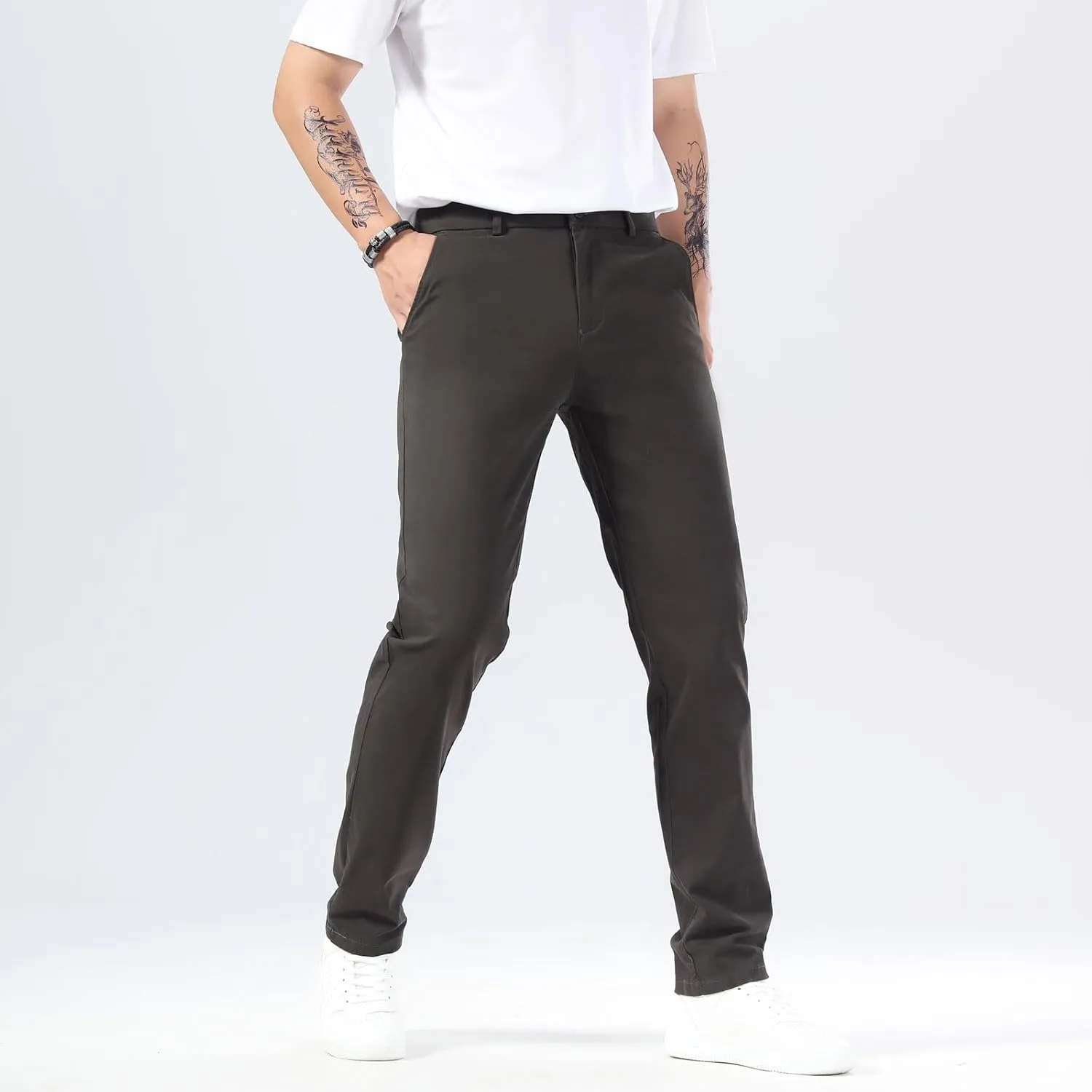 Plaid&Plain Mens Slim Fit Khaki Pants Mens Tapered Chino Pants