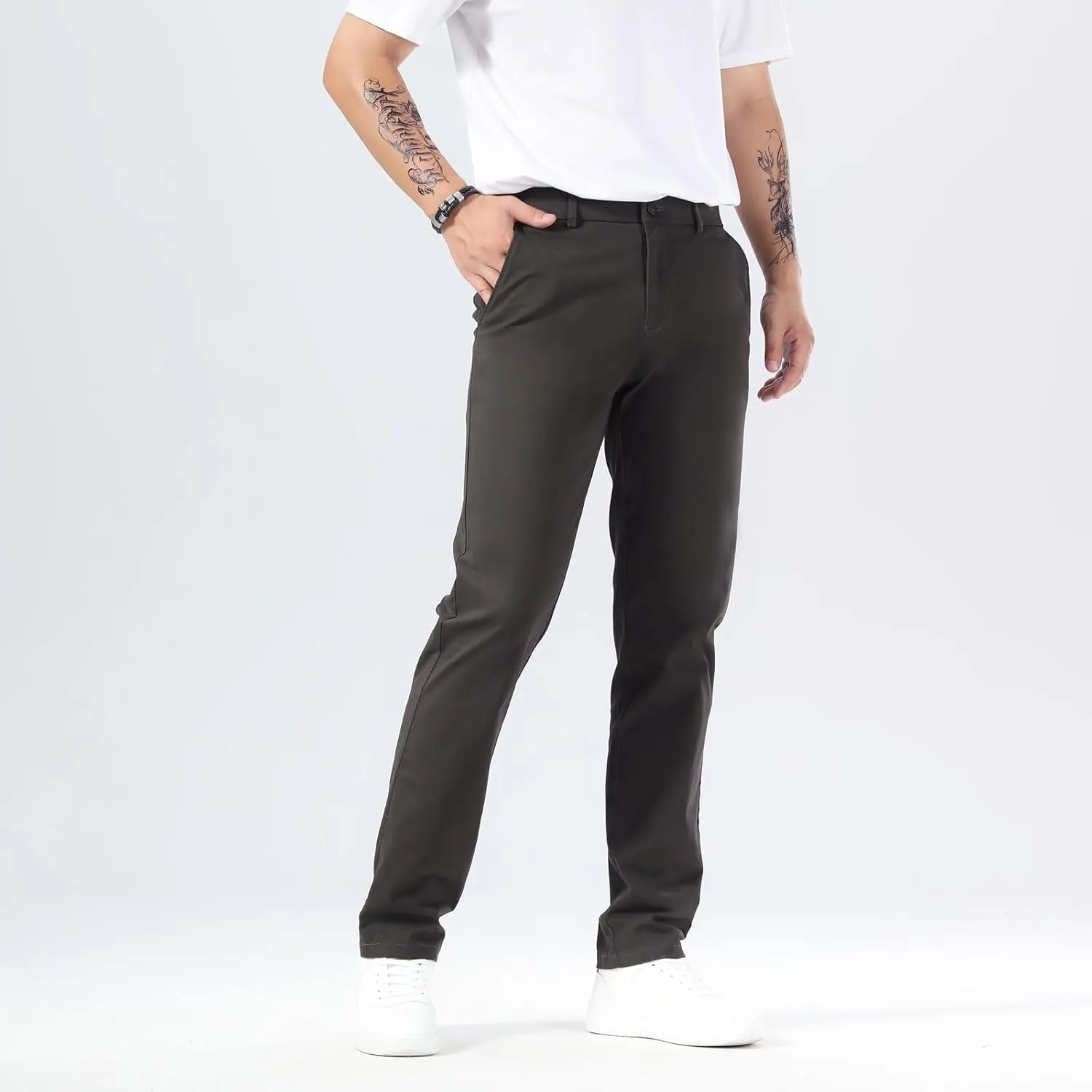 Plaid&Plain Mens Slim Fit Khaki Pants Mens Tapered Chino Pants