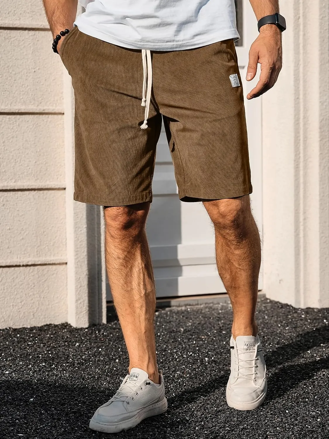 PLEPAN Mens Shorts 7 inch Corduroy Casual Short Drawstring Elastic Waist Lightweight Summer Beach Shorts Loose Fit