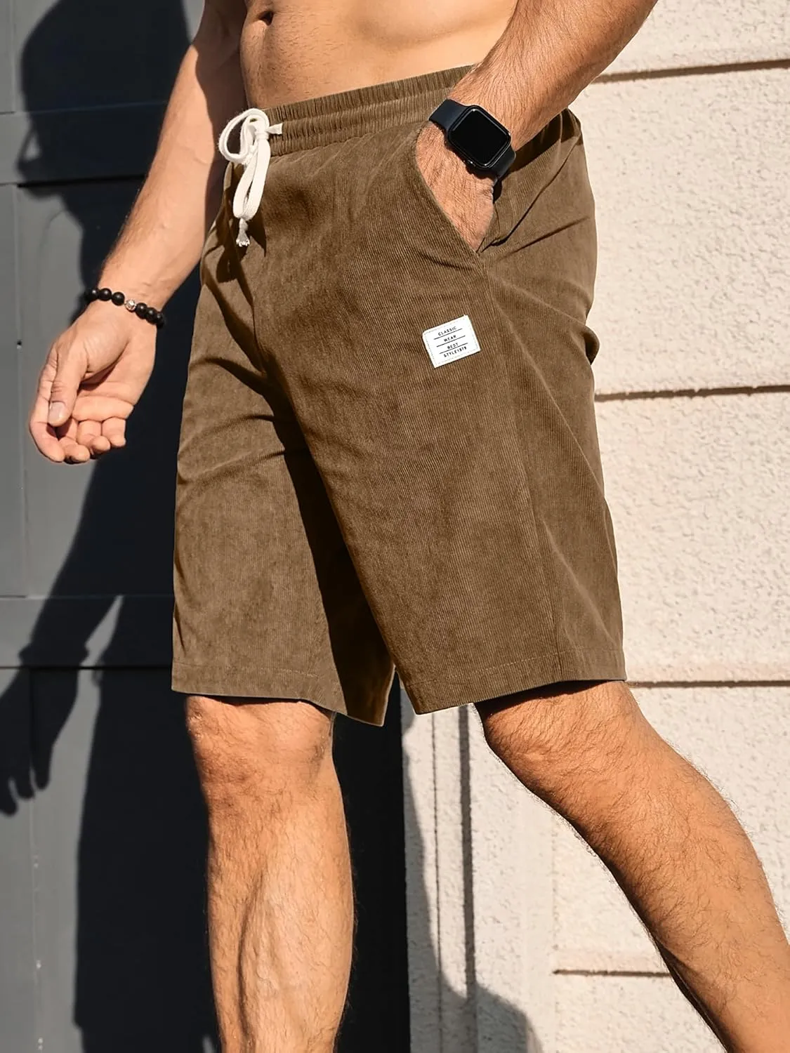 PLEPAN Mens Shorts 7 inch Corduroy Casual Short Drawstring Elastic Waist Lightweight Summer Beach Shorts Loose Fit