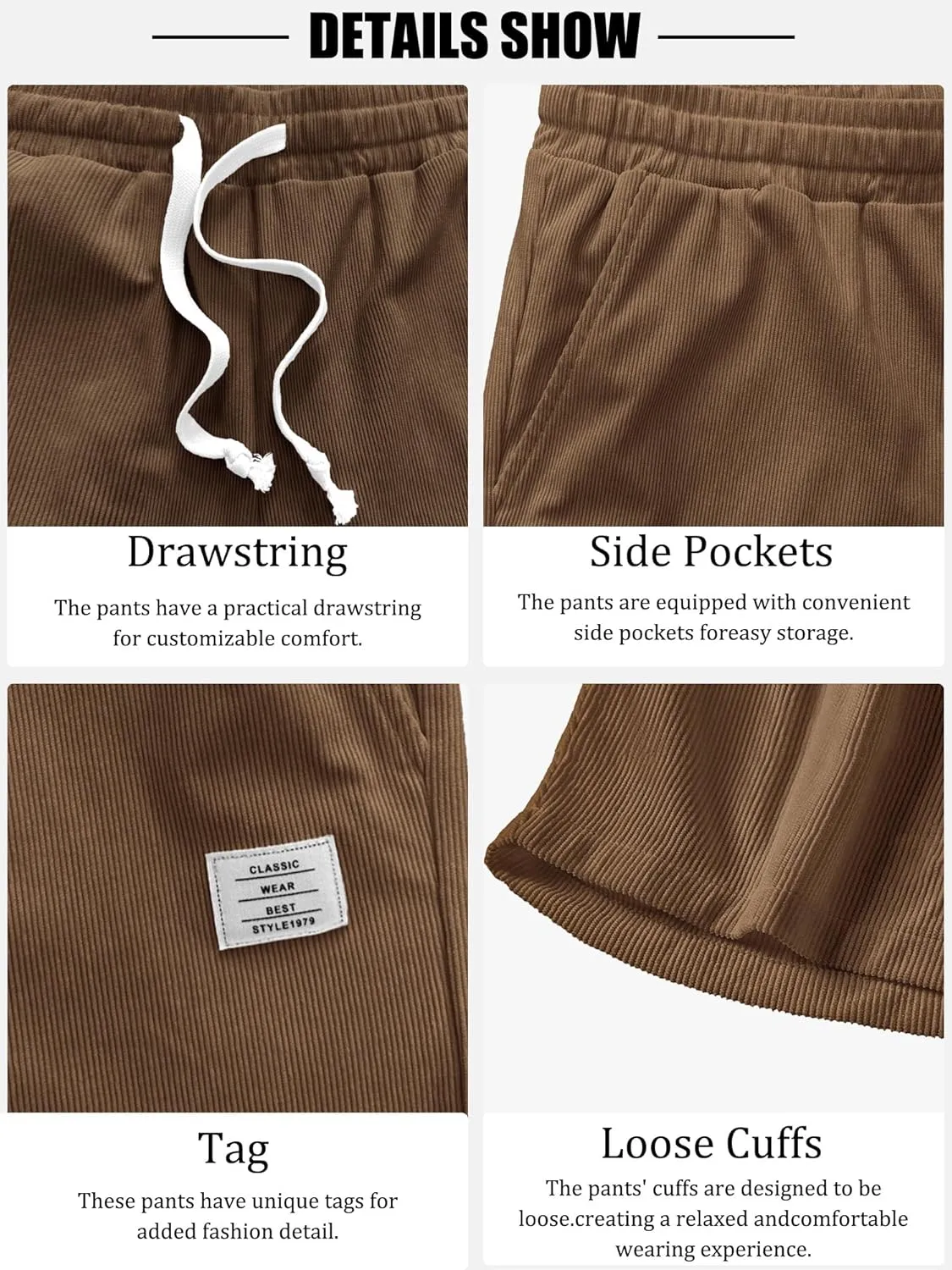 PLEPAN Mens Shorts 7 inch Corduroy Casual Short Drawstring Elastic Waist Lightweight Summer Beach Shorts Loose Fit