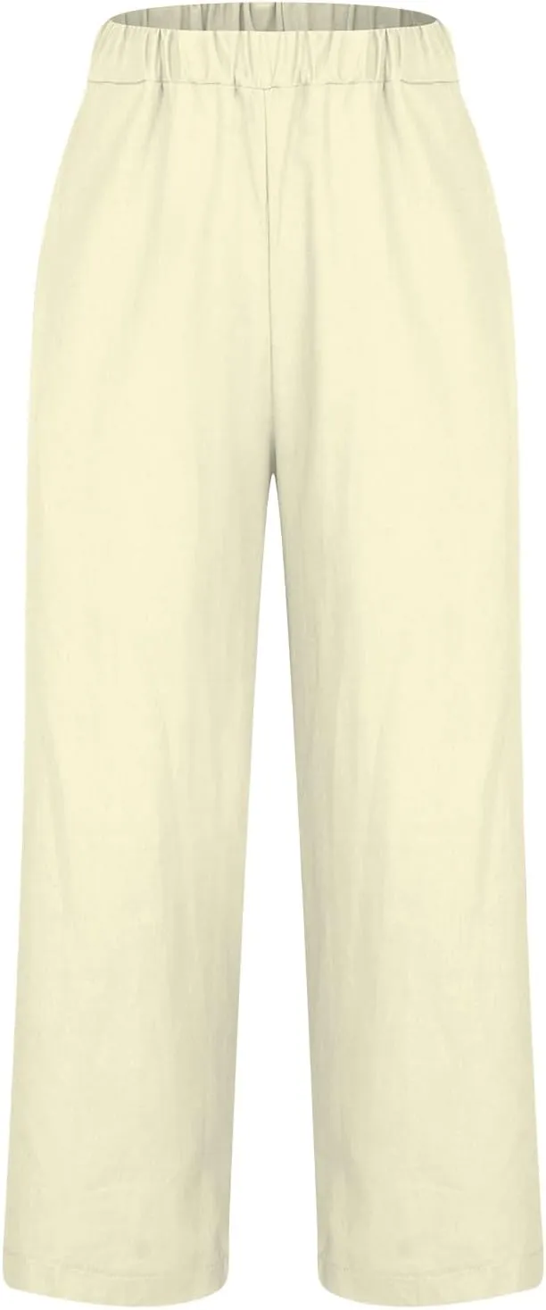 Plus Size Linen Pants for Women Casual Elastic High Waist Wide Leg Pant Lightweight Straight Trousers with Pockets