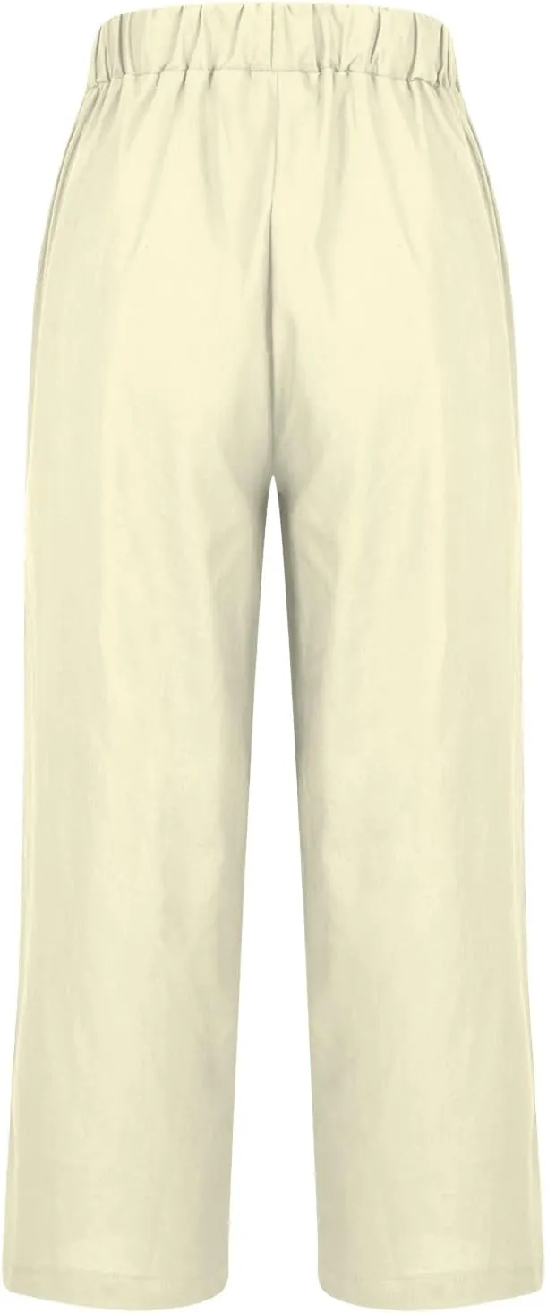 Plus Size Linen Pants for Women Casual Elastic High Waist Wide Leg Pant Lightweight Straight Trousers with Pockets