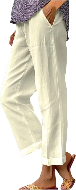 Plus Size Linen Pants for Women Casual Elastic High Waist Wide Leg Pant Lightweight Straight Trousers with Pockets