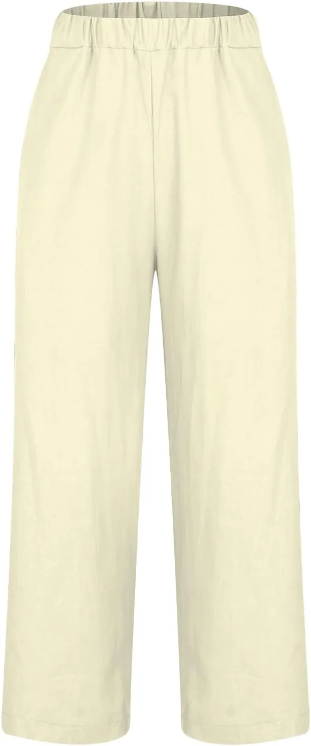 Plus Size Linen Pants for Women Casual Elastic High Waist Wide Leg Pant Lightweight Straight Trousers with Pockets