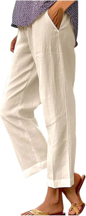 Plus Size Summer Pants for Women Cotton Linen Lightweight Ankle Pants Casual Loose Fit Trousers with Pockets