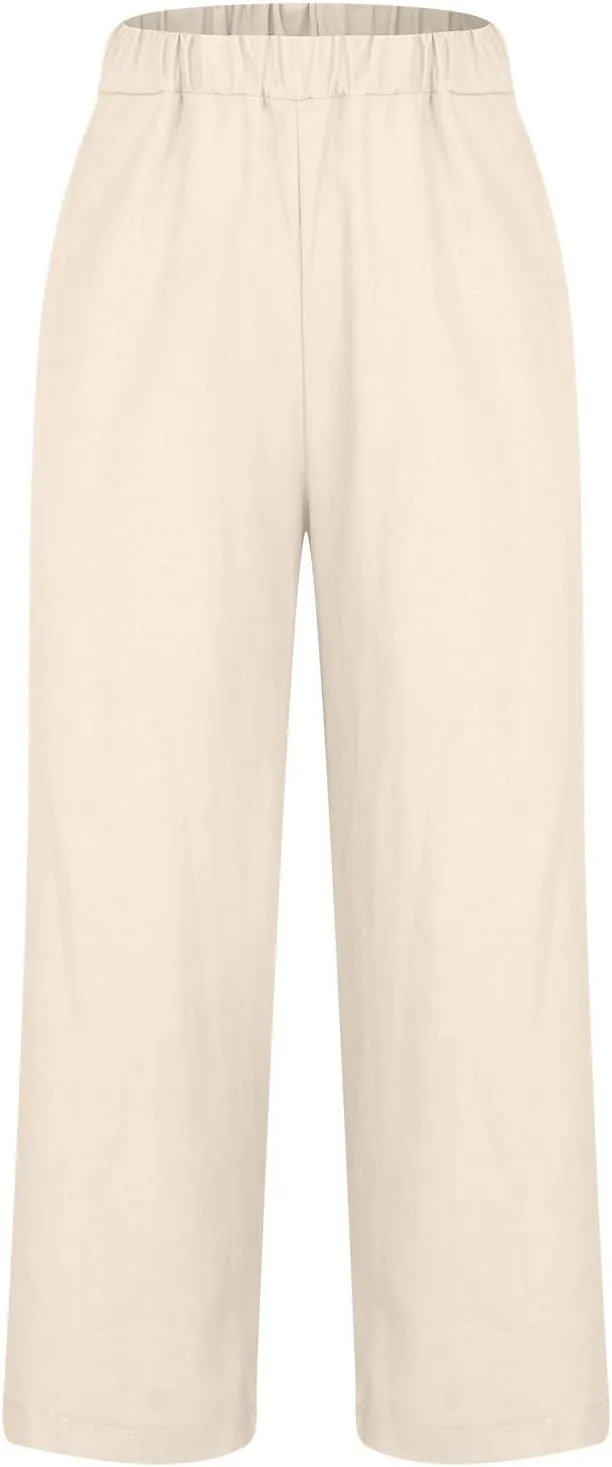 Plus Size Summer Pants for Women Cotton Linen Lightweight Ankle Pants Casual Loose Fit Trousers with Pockets