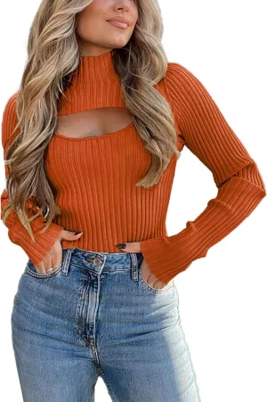 PRETTYGARDEN Women's 2025 Fashion Fall Clothes 2 Piece Cutout Tops Long Sleeve Mock Neck Rib Knit Winter Pullover Sweater