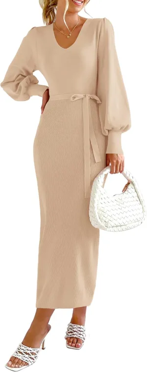 PRETTYGARDEN Women's Fall Knit Pullover Sweater Dress Elegant Long Lantern Sleeve V Neck Winter Maxi Bodycon Dresses
