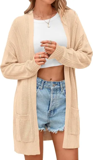 PRETTYGARDEN Women's Fall Loose Open Front Cardigan Long Sleeve Cable Knit Sweaters Lightweight Outwear with Pockets