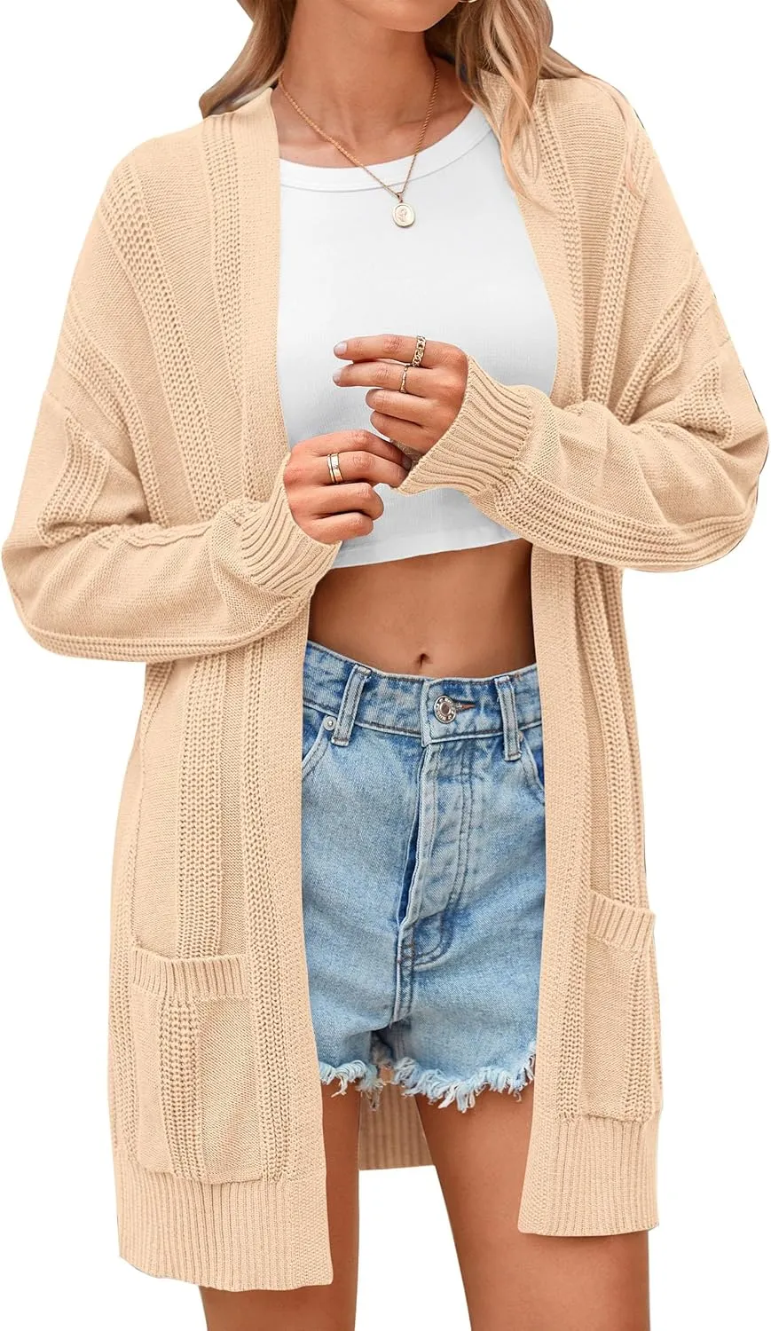PRETTYGARDEN Women's Fall Loose Open Front Cardigan Long Sleeve Cable Knit Sweaters Lightweight Outwear with Pockets