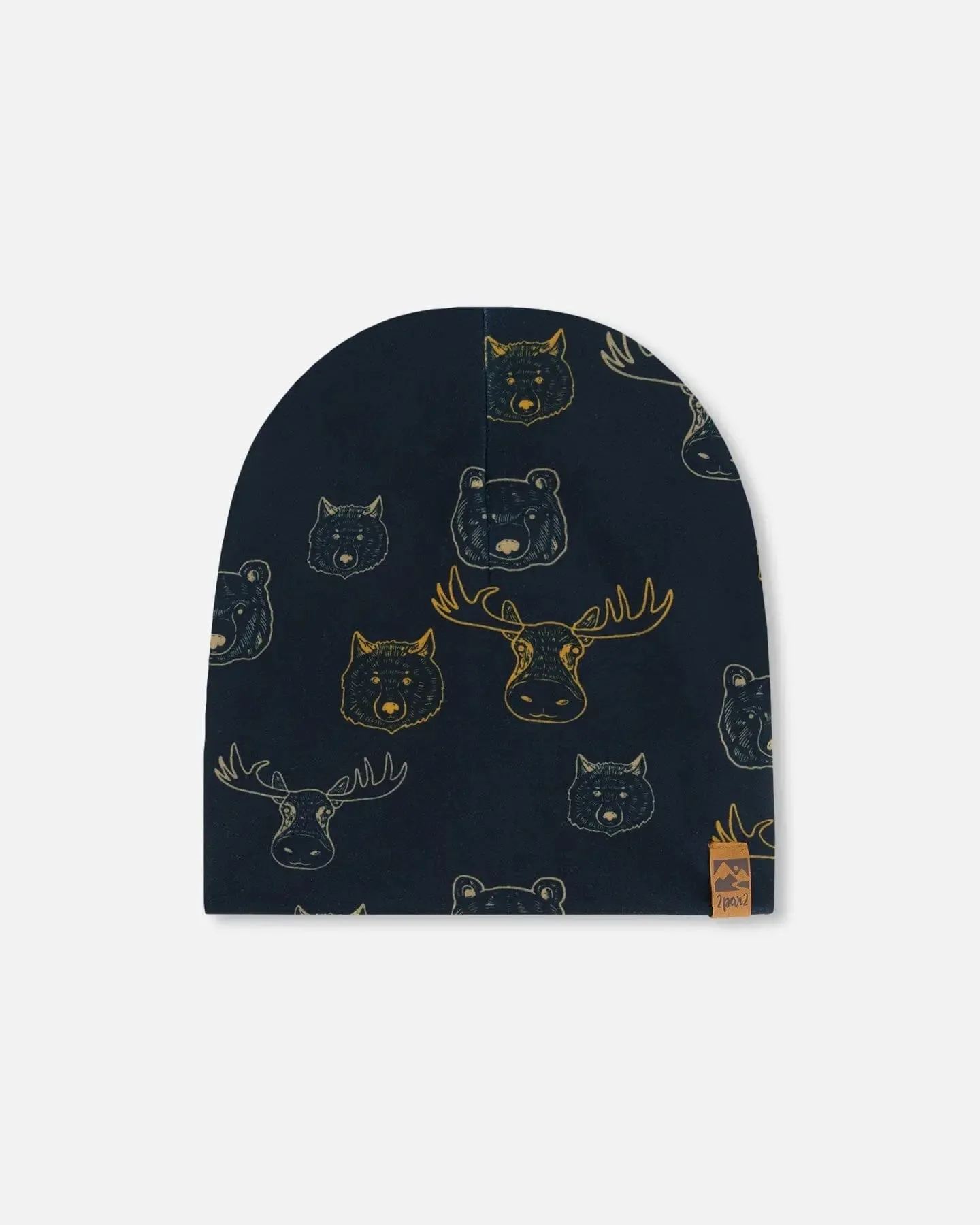 Printed Beanie Hat Beige Animals On Black Background