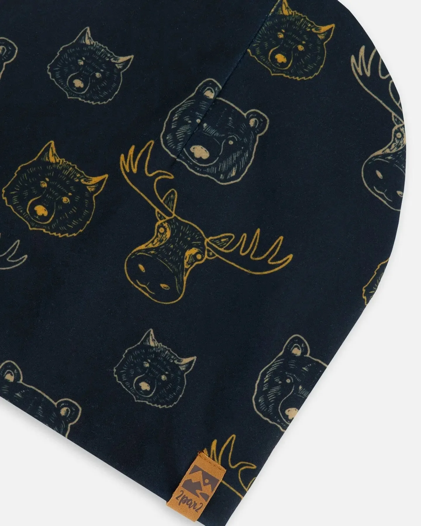 Printed Beanie Hat Beige Animals On Black Background