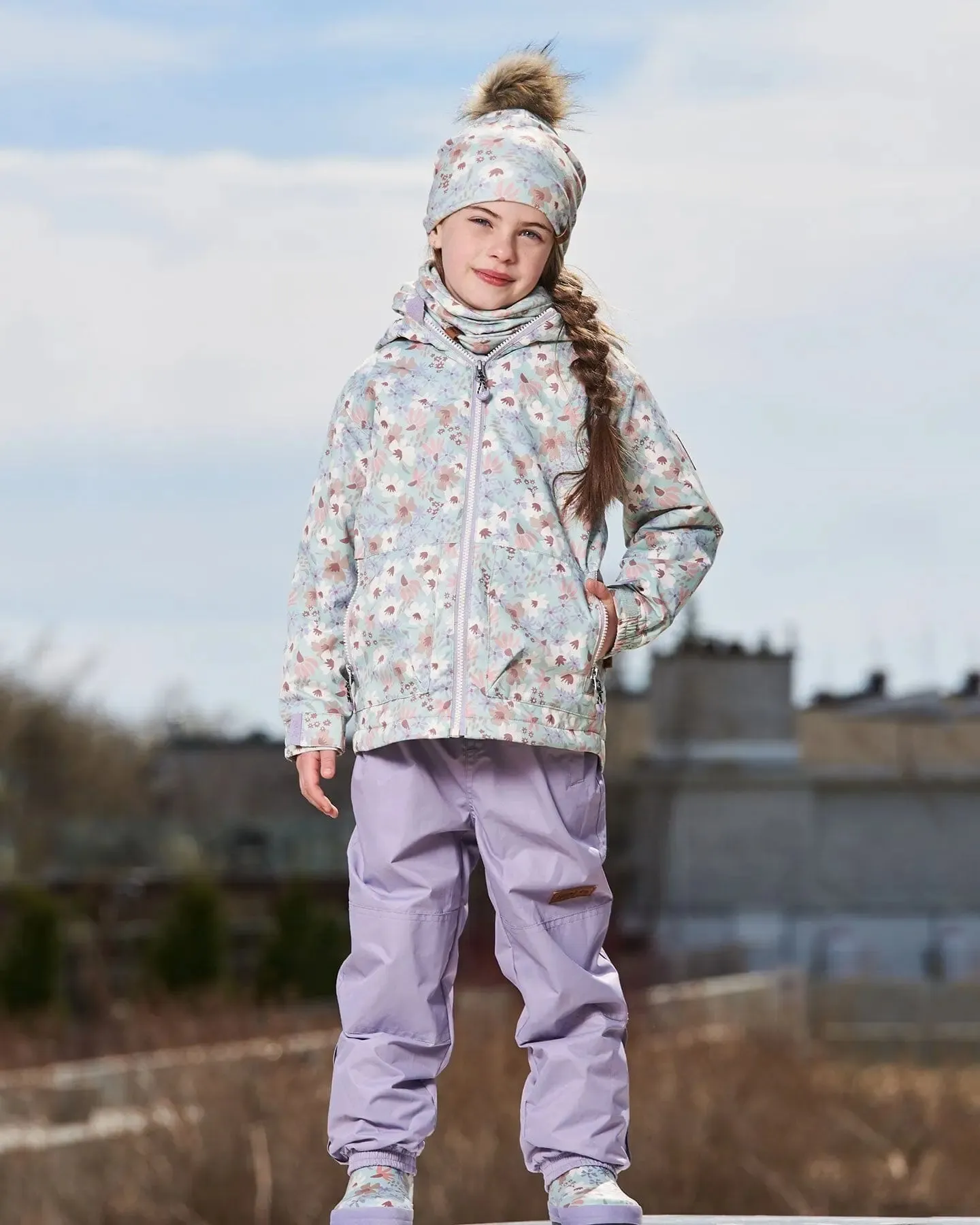 Printed Jacket Two-Piece Mid-Season Outerwear Set Small White Flowers On Turquoise And Lilac