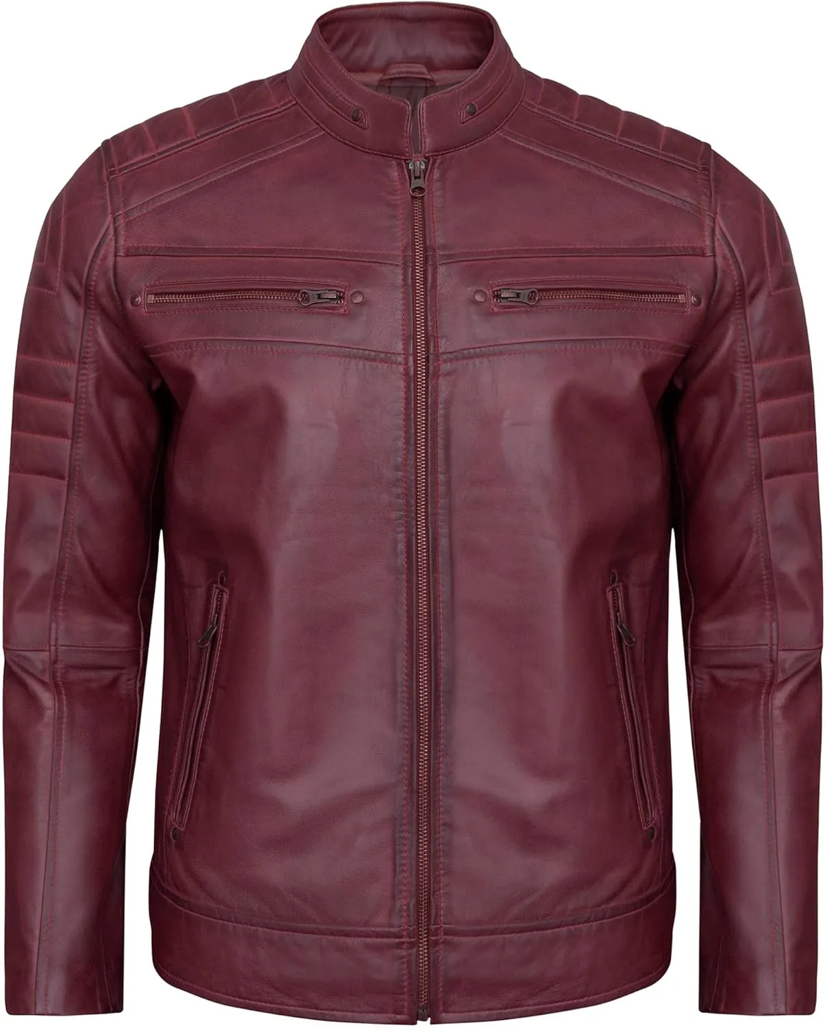 Real Lambskin Mens Leather Jackets - Quilted Biker Style Stand Collar Zip-Up Fashion Motorcycle Jacket Men