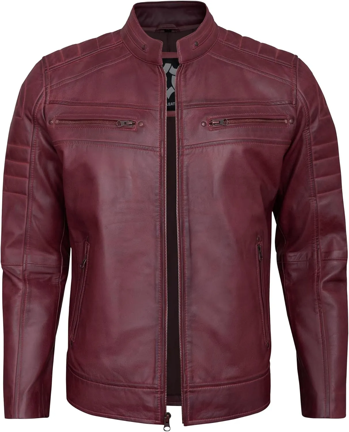 Real Lambskin Mens Leather Jackets - Quilted Biker Style Stand Collar Zip-Up Fashion Motorcycle Jacket Men