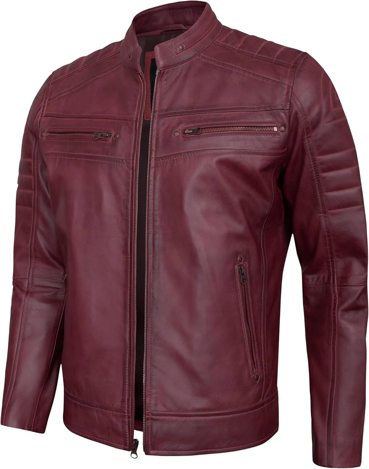 Real Lambskin Mens Leather Jackets - Quilted Biker Style Stand Collar Zip-Up Fashion Motorcycle Jacket Men