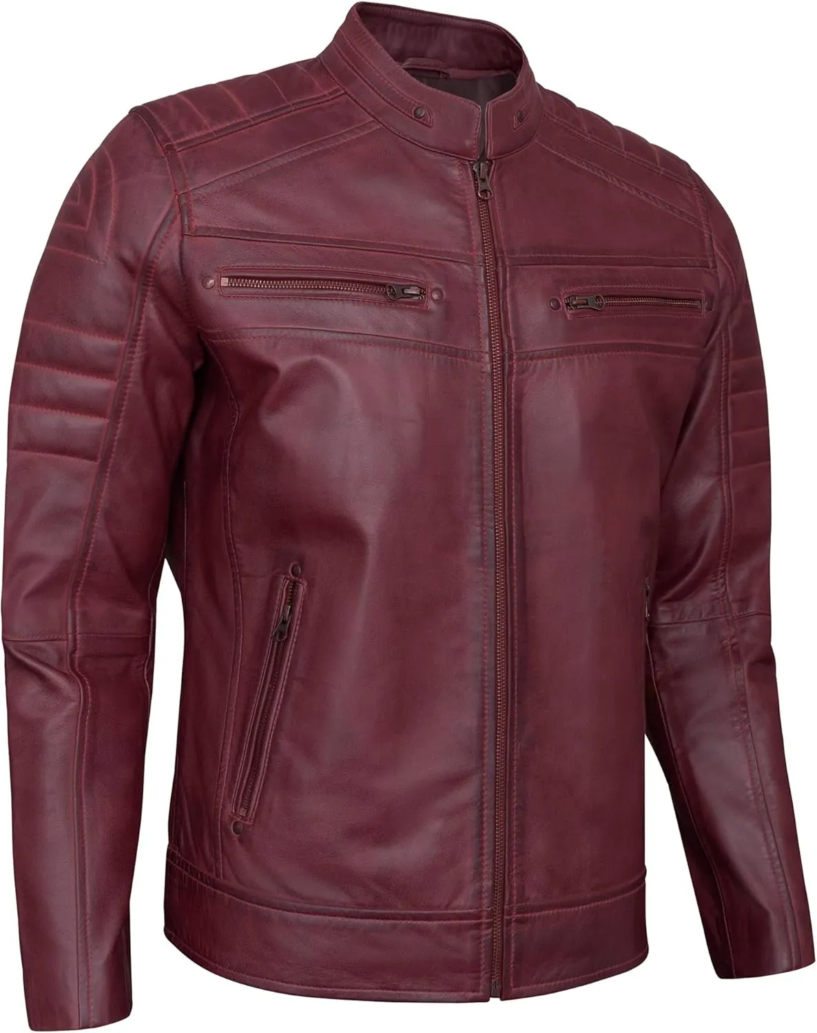 Real Lambskin Mens Leather Jackets - Quilted Biker Style Stand Collar Zip-Up Fashion Motorcycle Jacket Men