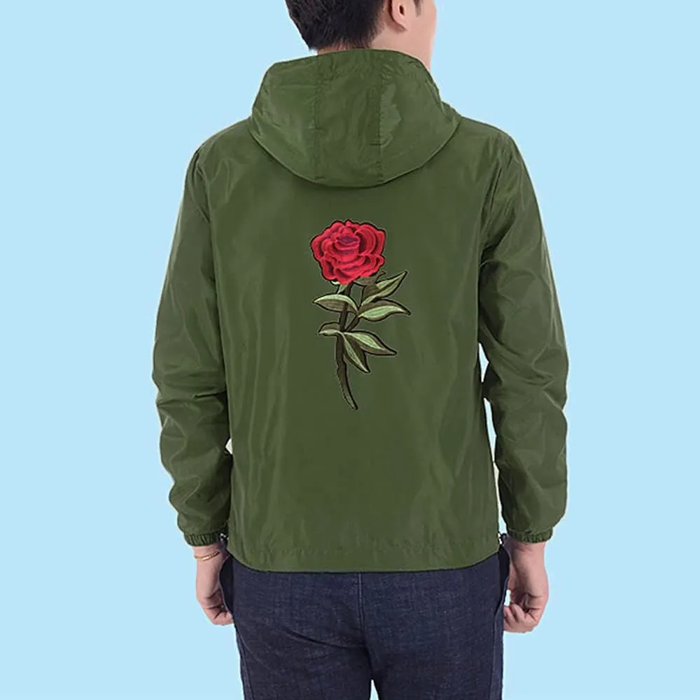 Rexcyril Men's Rose Floral Windbreaker Hooded Jacket Lightweight Casual Full Zip Flower Coat