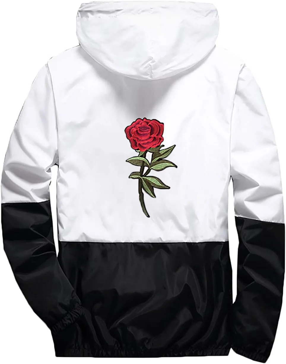 Rexcyril Men's Rose Floral Windbreaker Hooded Jacket Lightweight Casual Full Zip Flower Coat
