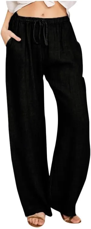 Ruziyoog Women's Cotton Linen Pants Summer Drawstring Waist Wide Leg Lounge Palazzo Pants Casual Loose Yoga Trousers