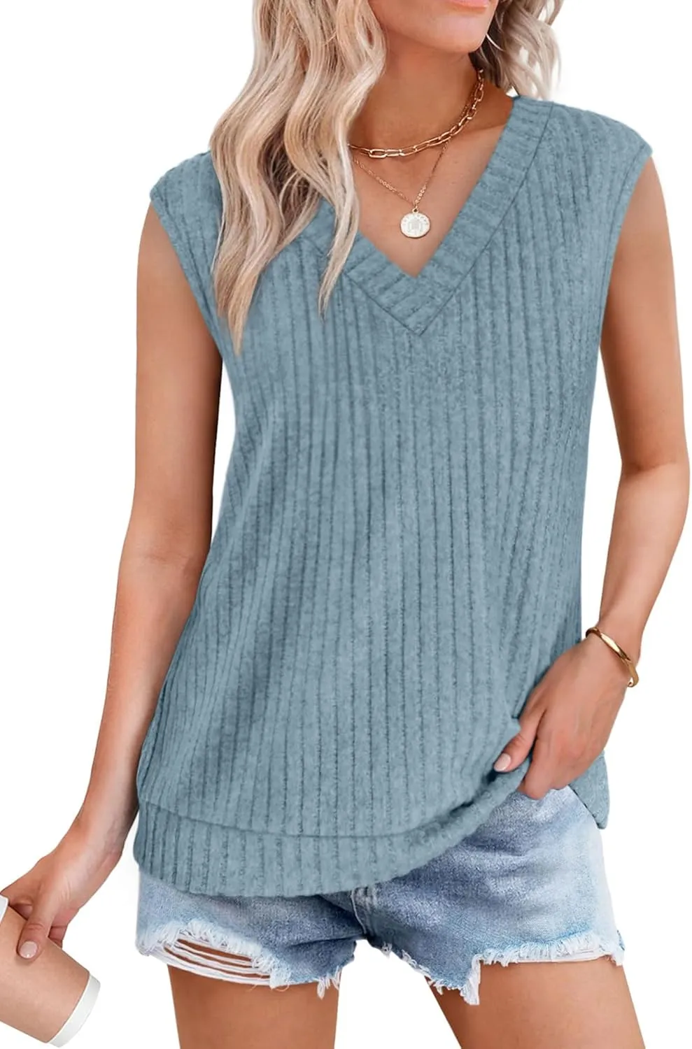 SAMPEEL Womens V Neck Sleeveless Sweater Tank Top Spring Casual Sweater Vest Summer Outifts 2025