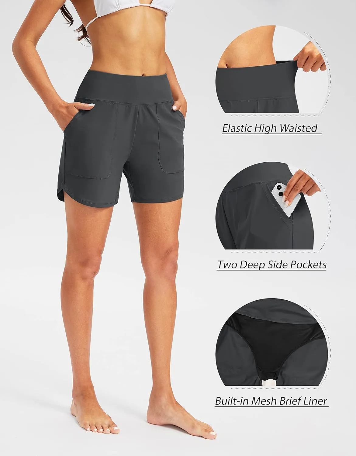 SANTINY Women's 5'' High Waisted Swim Board Shorts with Pockets UPF50  Quick Dry Bathing Suit Shorts for Women