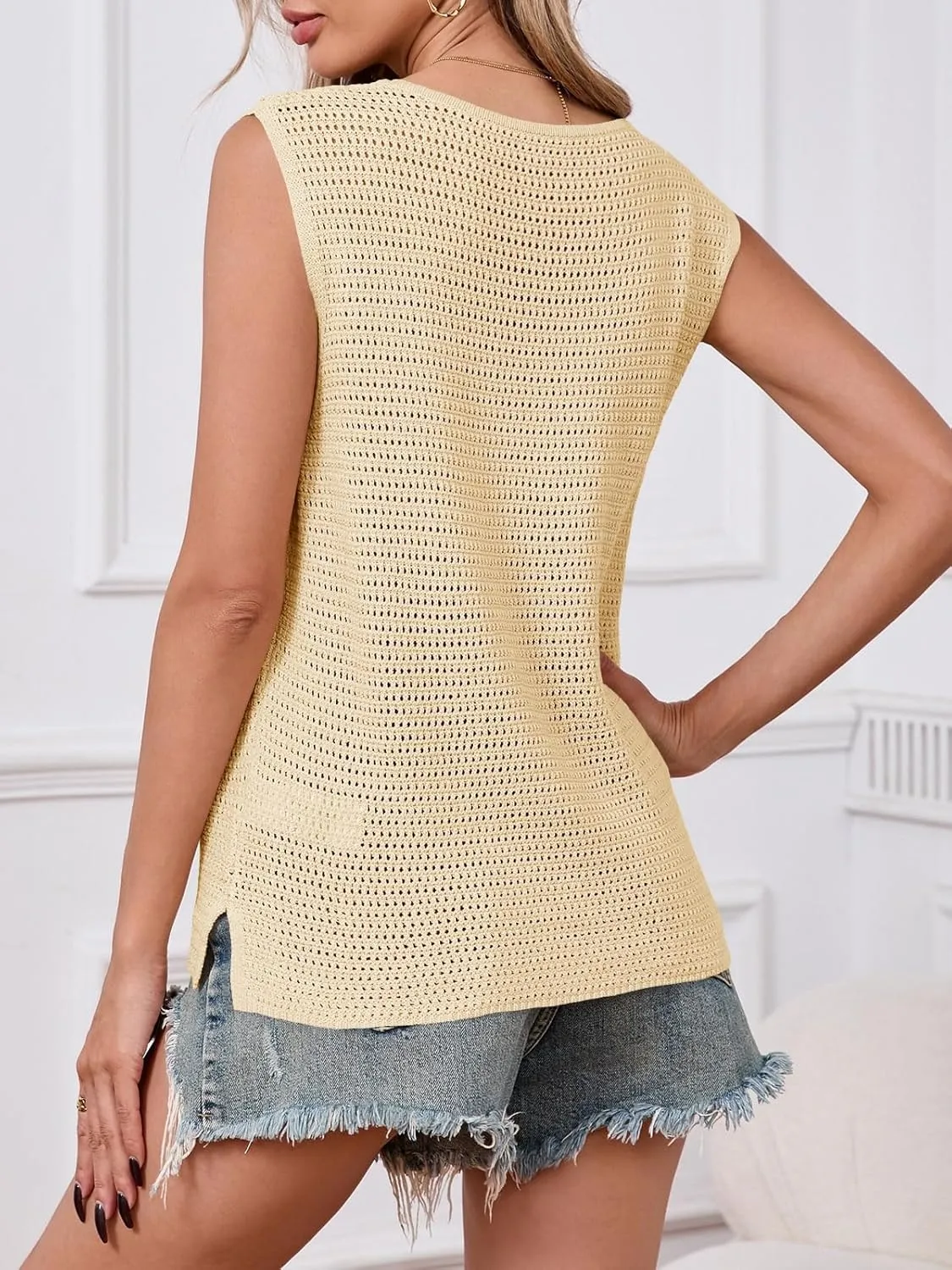 Saodimallsu Womens Crochet Tank Tops Summer Sleeveless Crew Neck Basic Mesh Knit Loose Pullover Sweater Vest