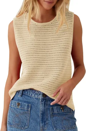 Saodimallsu Womens Crochet Tank Tops Summer Sleeveless Crew Neck Basic Mesh Knit Loose Pullover Sweater Vest