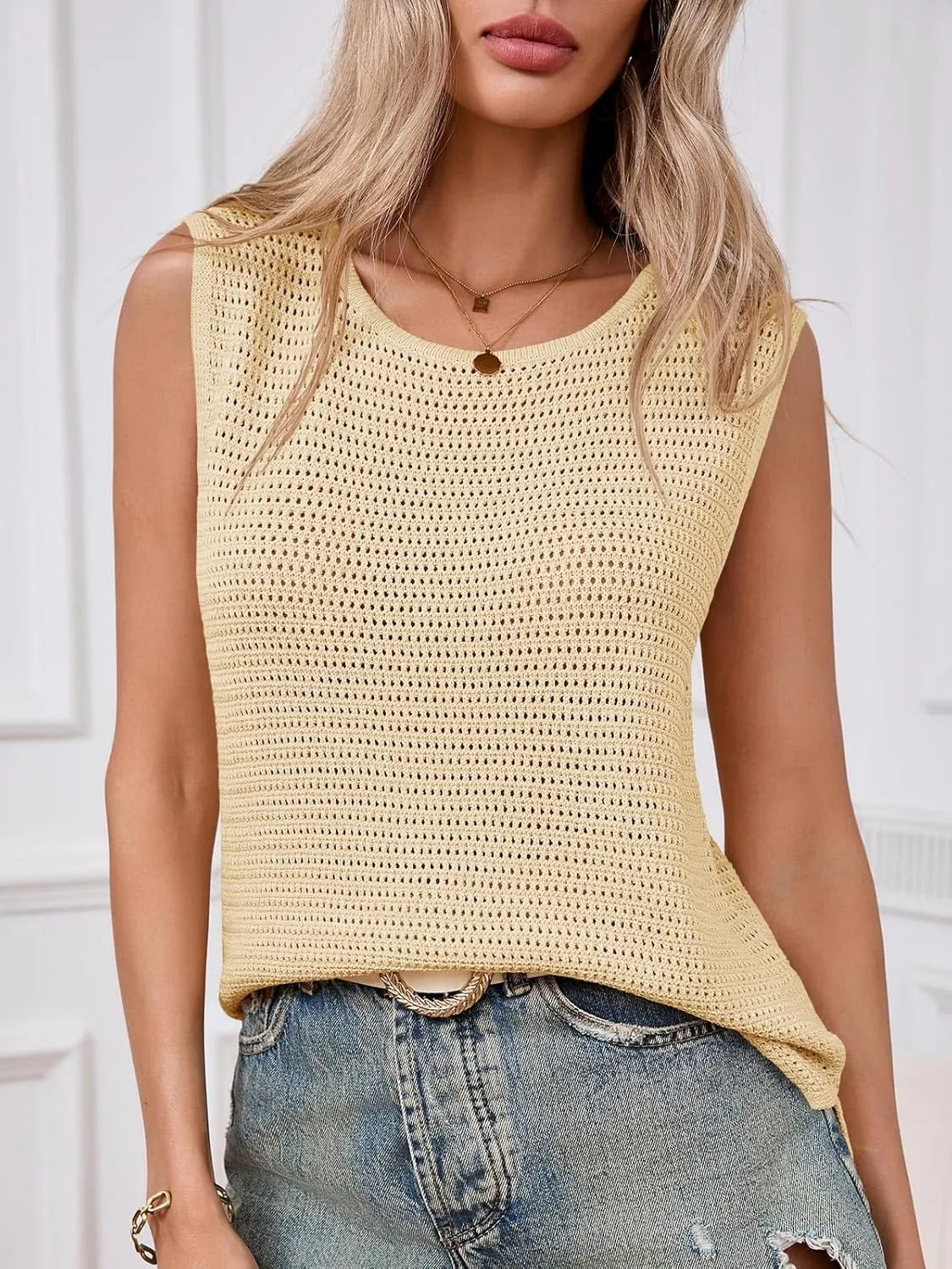 Saodimallsu Womens Crochet Tank Tops Summer Sleeveless Crew Neck Basic Mesh Knit Loose Pullover Sweater Vest