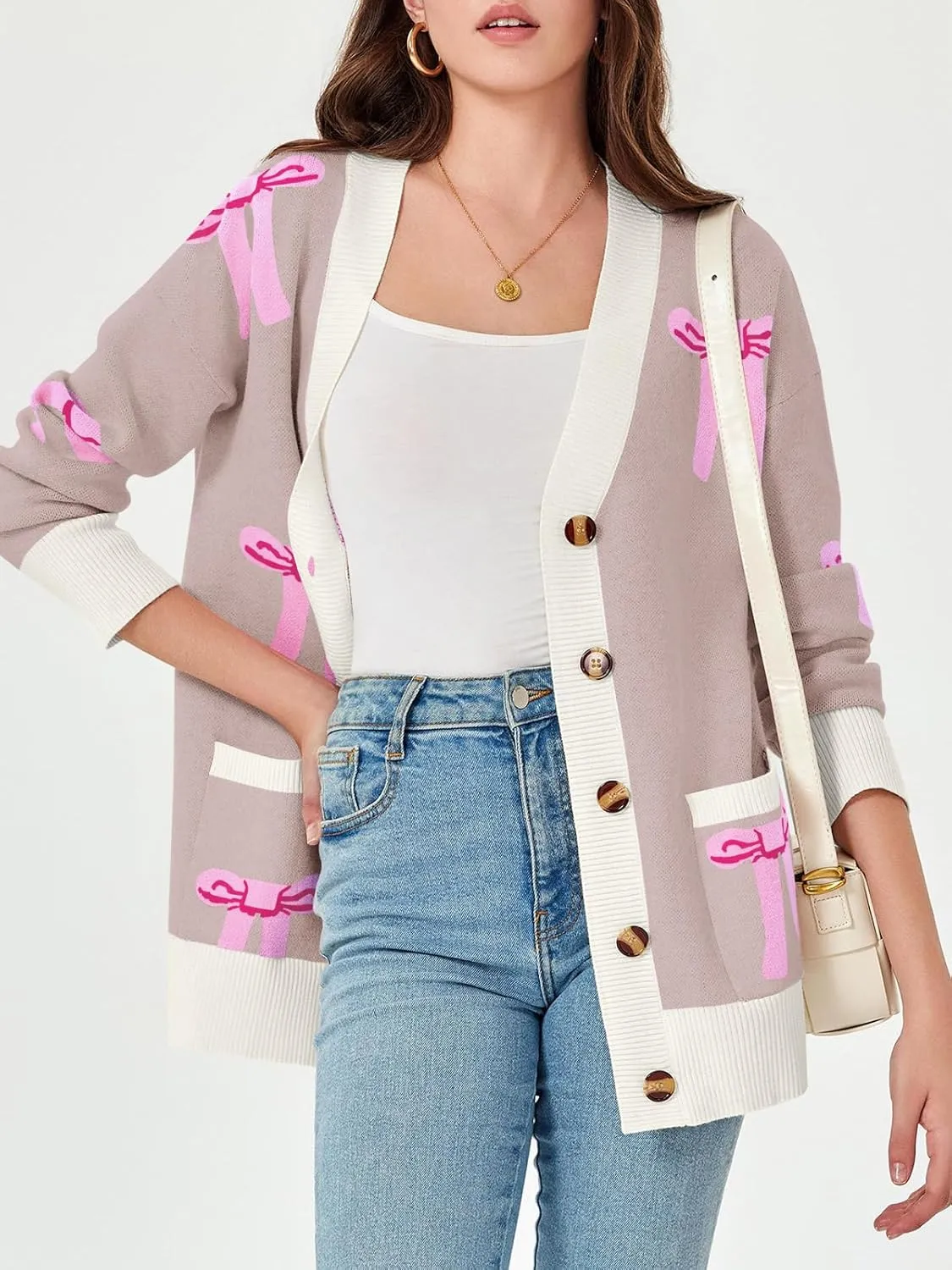 Saodimallsu Womens Oversized Cardigan Sweaters Bow Printed Button V Neck Long Sleeve Loose Knit Fall Trendy Coats