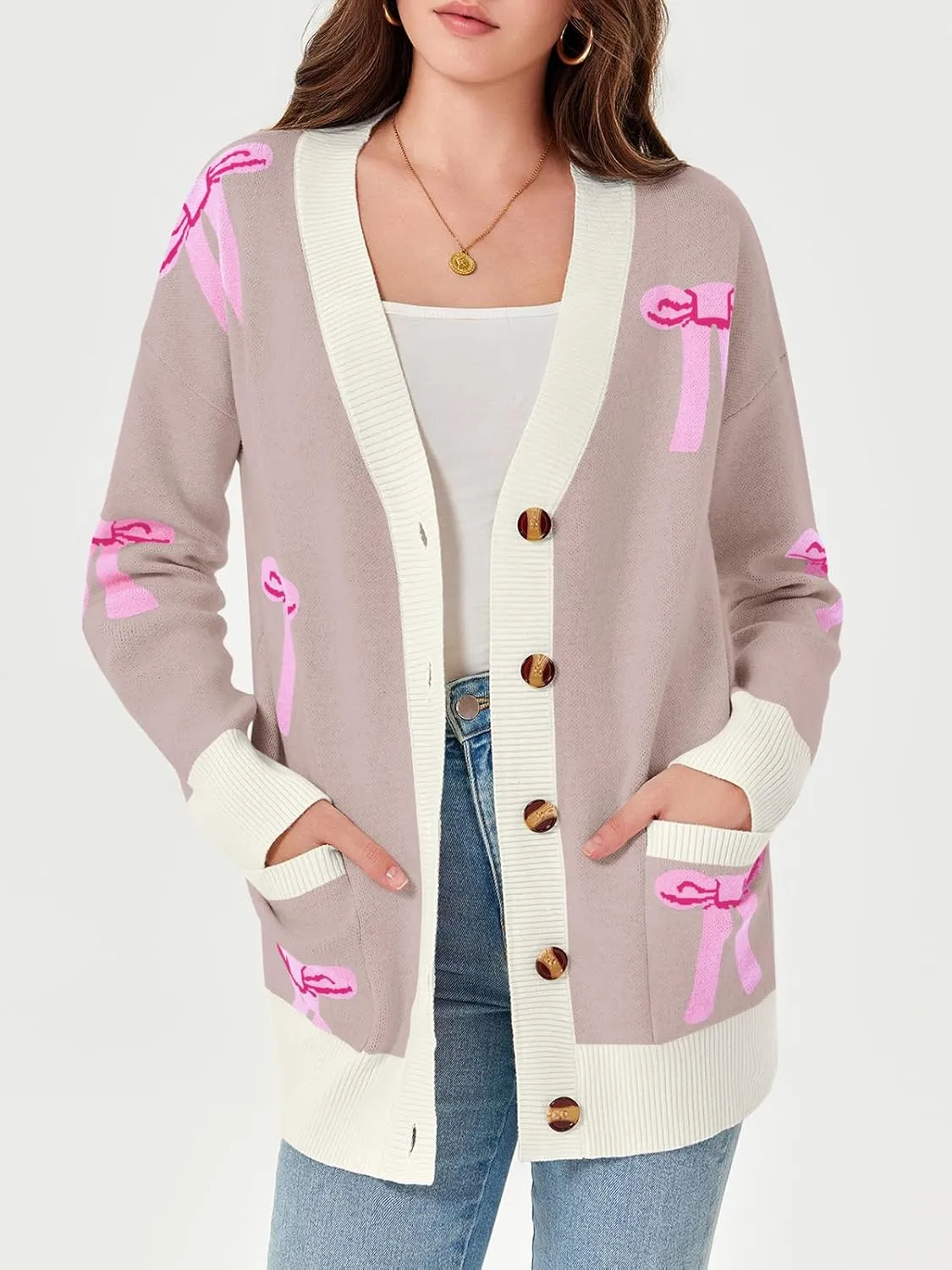 Saodimallsu Womens Oversized Cardigan Sweaters Bow Printed Button V Neck Long Sleeve Loose Knit Fall Trendy Coats