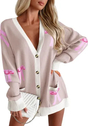 Saodimallsu Womens Oversized Cardigan Sweaters Bow Printed Button V Neck Long Sleeve Loose Knit Fall Trendy Coats