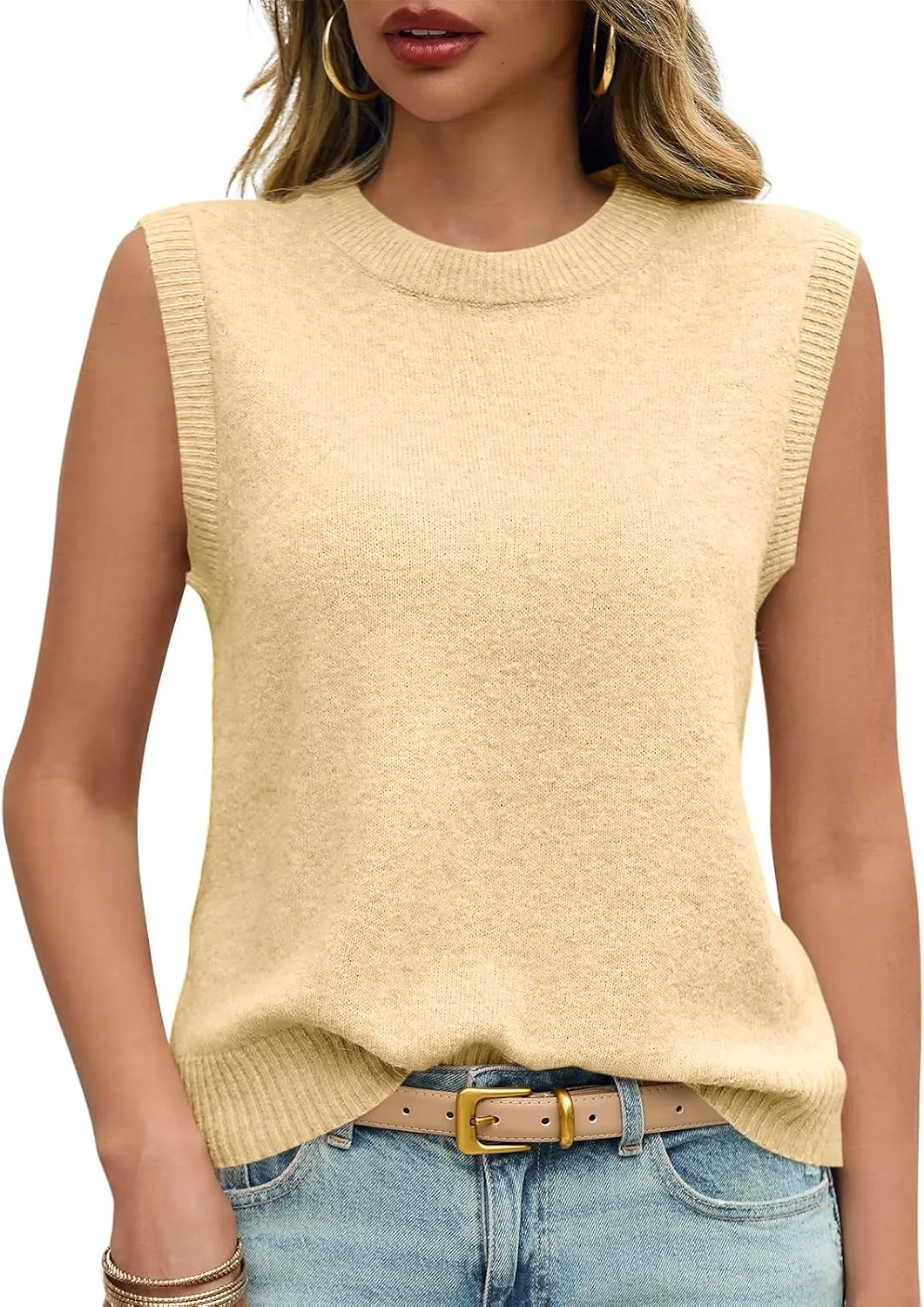 Saodimallsu Womens Sleeveless Sweater Vest Summer Casual Cap Sleeve Crew Neck Loose Knit Lightweight Pullover Tank Tops