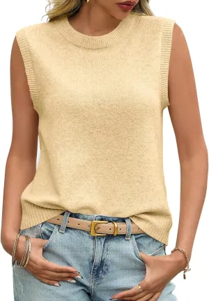 Saodimallsu Womens Sleeveless Sweater Vest Summer Casual Cap Sleeve Crew Neck Loose Knit Lightweight Pullover Tank Tops